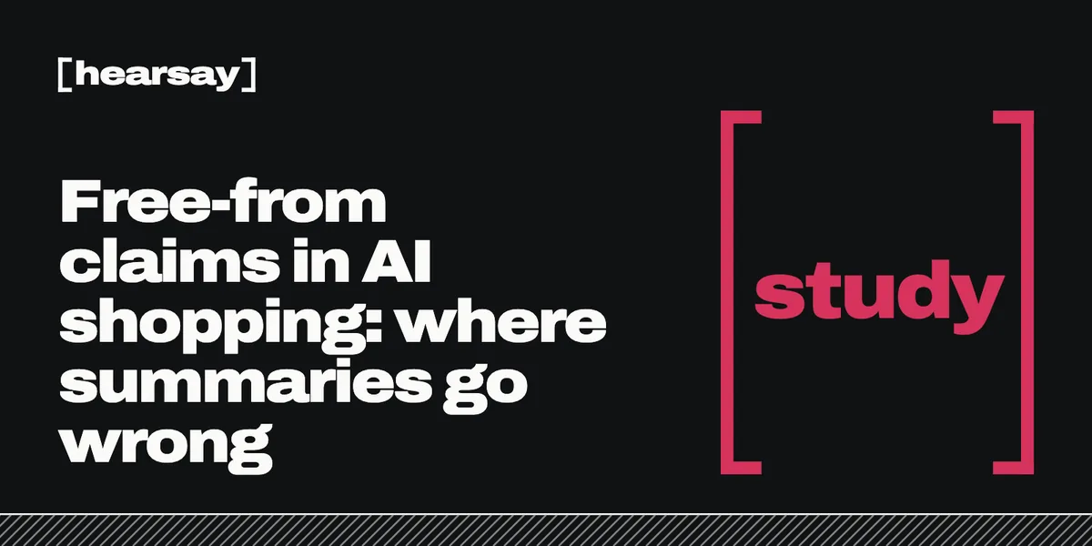 White Hearsay wordmark and headline “Free-from claims in AI shopping: where summaries go wrong” on black, with a large pink bracket pair around “study”.